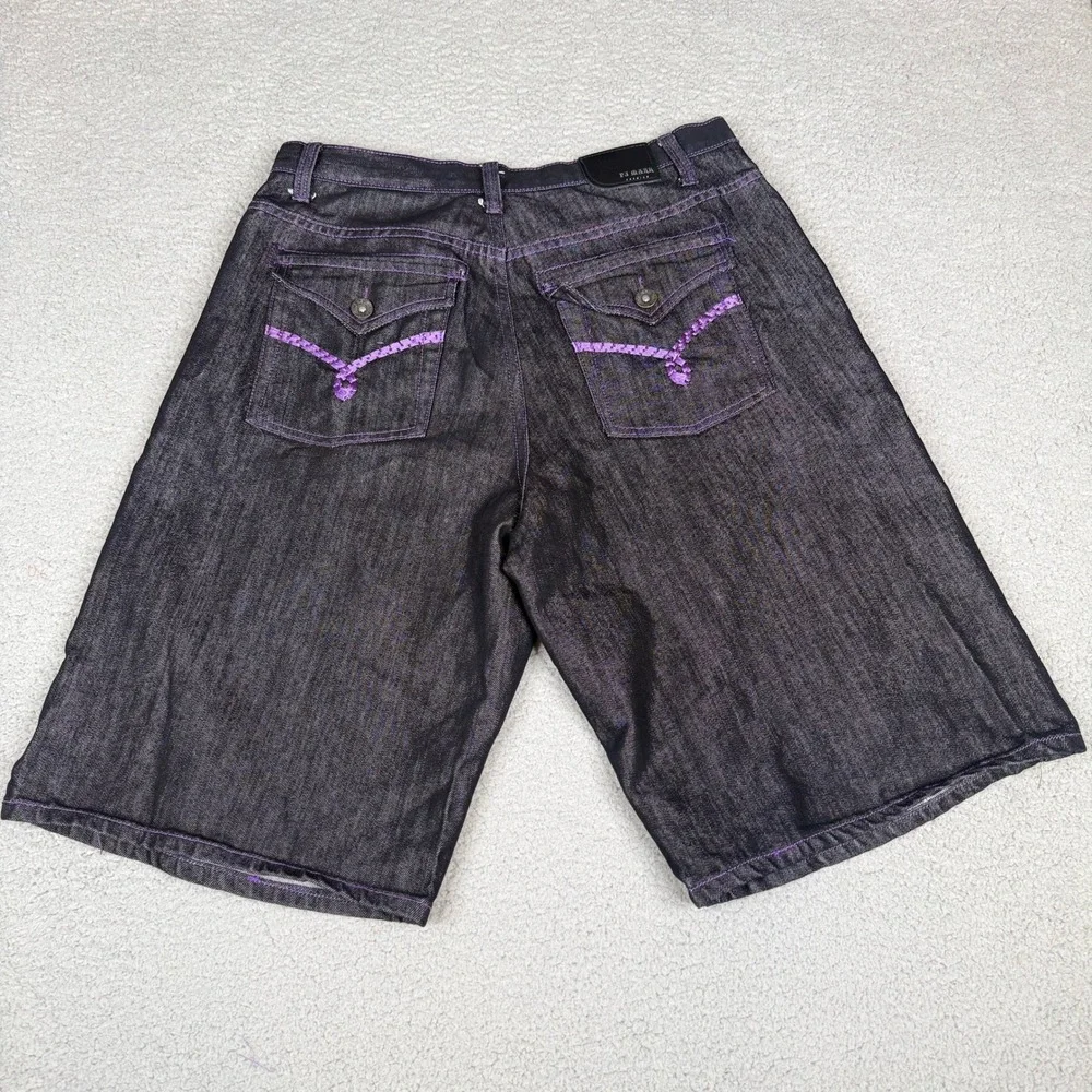 PJ Mark Jean Shorts Mens 38 Black Purple Stitch Jorts Y2K Baggy Hip Hop Skater